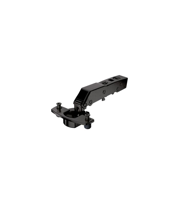 Sensys Winkelscharnier W45 ohne Schließautomatik (Sensys 8669 W45), in obsidianschwarz, vorliegend, Öffnungswinkel 95°, Bohrbild TH 52 x 5,5 mm, mit Spreizmuffen (ø 10 x 11)