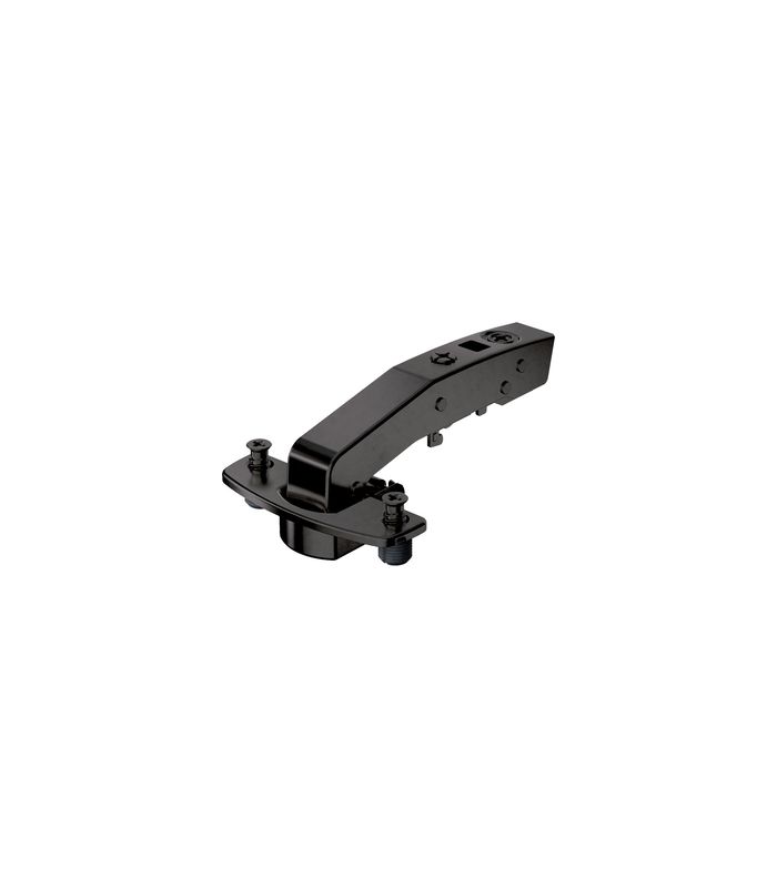 Sensys Winkelscharnier W90 ohne Schließautomatik (Sensys 8669 W90), in obsidianschwarz, einliegend, Öffnungswinkel 95°, Bohrbild TH 52 x 5,5 mm, mit Spreizmuffen (ø 10 x 11)