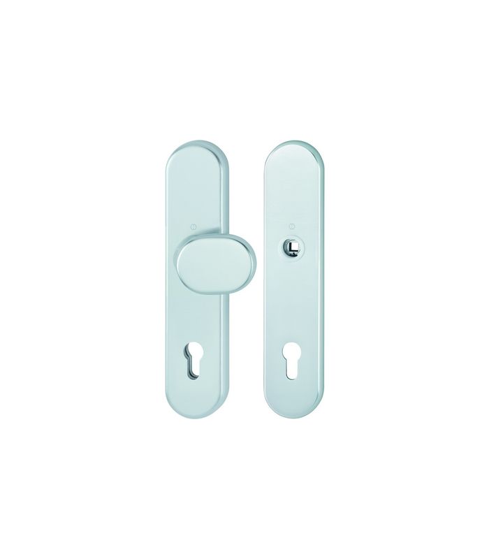 HOPPE Sicherheits-Wechselgarnitur 86G/3331/3310, Langschild oval, 12mm, ES 1, ohne Zylinderabdeckung, Profilzylinder gelocht, Entfernung 92mm, Vierkant 10/8mm, Türstärke 67-77mm, naturfarben eloxiert