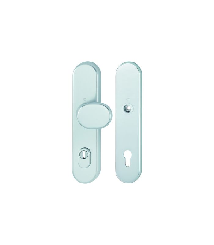 HOPPE Sicherheits-Wechselgarnitur 86G/3332ZA/3310, Langschild oval, 15mm, ES 2, mit Zylinderabdeckung, Profilzylinder gelocht, Entfernung 92mm, Vierkant 10/8mm, Türstärke 67-77mm, naturfarben eloxiert