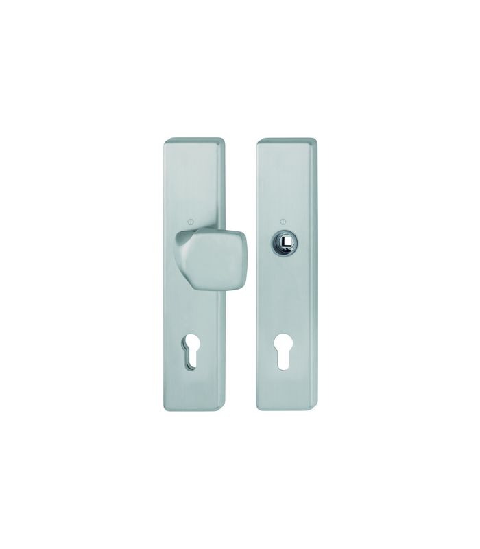 HOPPE Sicherheits-Wechselgarnitur E61G/2221/2210, Langschild eckig, 12mm, ES 1, ohne Zylinderabdeckung, Profilzylinder gelocht, Entfernung 92mm, Vierkant 10/8mm, Türstärke 67-77mm, edelstahl matt
