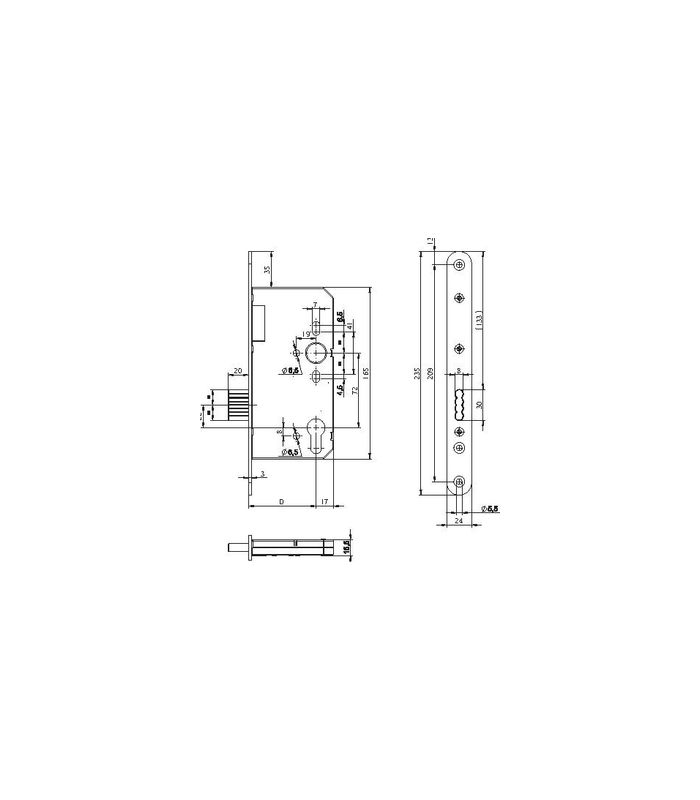 Riegelschloss N1056 100 mm Dornmass PZ72 R3X24X235 mm Din L/R