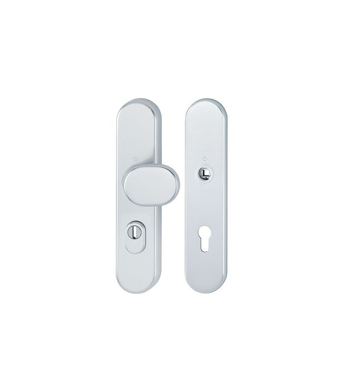 HOPPE Sicherheits-Wechselgarnitur 86G/3332ZA/3310, Langschild oval, 15mm, ES 1, mit Zylinderabdeckung, Profilzylinder gelocht, Entfernung 72mm, Vierkant 8mm, Türstärke 37-47mm, naturfarben eloxiert