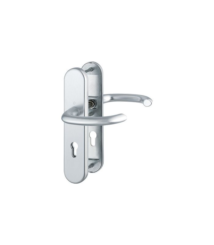 HOPPE Sicherheits-Drückergarnitur Marseille FS-1138F/3331/3310, Langschild oval, 12mm, ES 1, ohne Zylinderabdeckung, Profilzylinder gelocht, Entfernung 72mm, Vierkant 9mm, Türstärke 42-47mm, naturfarben eloxiert