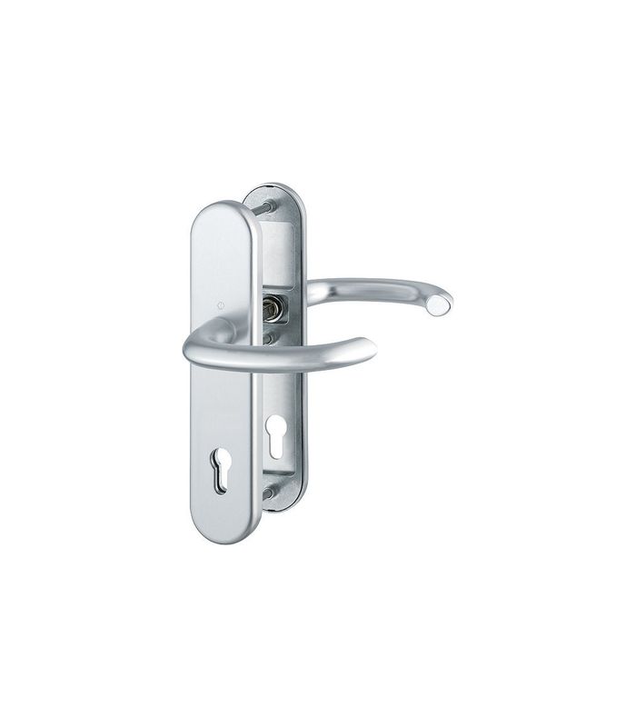 HOPPE Sicherheits-Drückergarnitur Marseille FS-1138F/3331/3310, Langschild oval, 12mm, ES 1, ohne Zylinderabdeckung, Profilzylinder gelocht, Entfernung 92mm, Vierkant 9mm, Türstärke 67-72mm, naturfarben eloxiert