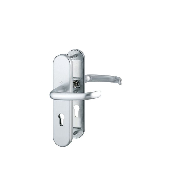 HOPPE Sicherheits-Drückergarnitur San Francisco FS-1301F/3331/3310, Langschild oval, 12mm, ES 1, ohne Zylinderabdeckung, Profilzylinder gelocht, Entfernung 72mm, Vierkant 9mm, Türstärke 42-47mm, naturfarben eloxiert