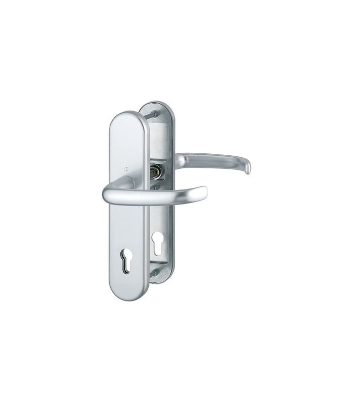 HOPPE Sicherheits-Drückergarnitur San Francisco FS-1301F/3331/3310, Langschild oval, 12mm, ES 1, ohne Zylinderabdeckung, Profilzylinder gelocht, Entfernung 92mm, Vierkant 9mm, Türstärke 67-72mm, naturfarben eloxiert