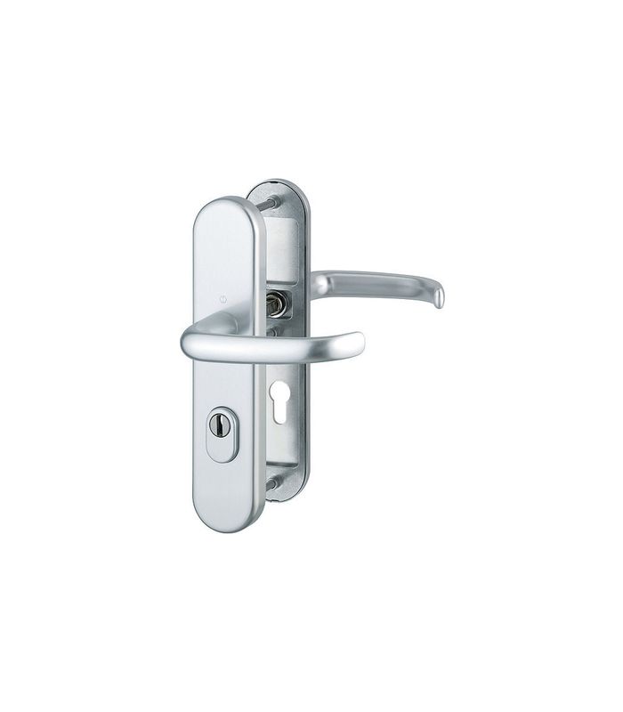 HOPPE Sicherheits-Drückergarnitur San Francisco FS-1301F/3332ZA/3310, Langschild oval, 15mm, ES 1, mit Zylinderabdeckung, Profilzylinder gelocht, Entfernung 72mm, Vierkant 9mm, Türstärke 42-47mm, naturfarben eloxiert