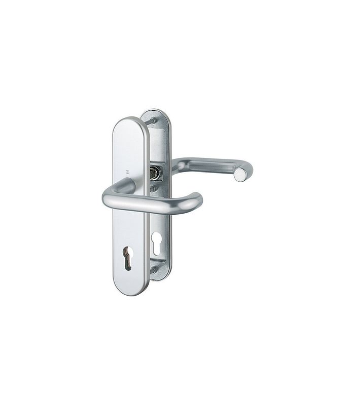 HOPPE Sicherheits-Drückergarnitur Paris FS-138F/3331/3310, Langschild oval, 12mm, ES 1, ohne Zylinderabdeckung, Profilzylinder gelocht, Entfernung 92mm, Vierkant 9mm, Türstärke 67-72mm, naturfarben eloxiert