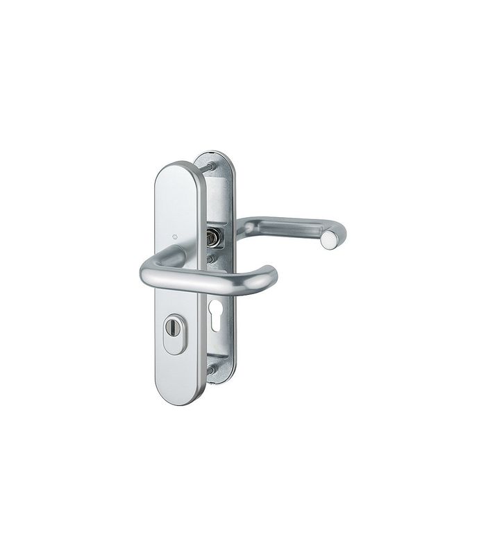 HOPPE Sicherheits-Drückergarnitur Paris FS-138F/3332ZA/3310, Langschild oval, 15mm, ES 1, mit Zylinderabdeckung, Profilzylinder gelocht, Entfernung 72mm, Vierkant 9mm, Türstärke 42-47mm, naturfarben eloxiert