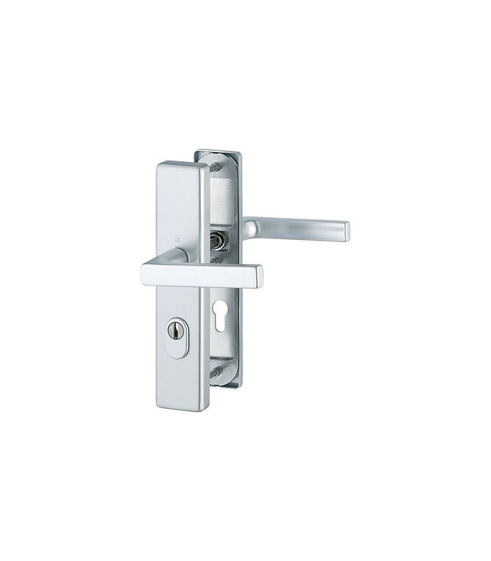 HOPPE Sicherheits-Drückergarnitur Dallas FS-1643F/2222ZA/2210, Langschild eckig, 15mm, ES 1, mit Zylinderabdeckung, Profilzylinder gelocht, Entfernung 72mm, Vierkant 9mm, Türstärke 42-47mm, naturfarben eloxiert
