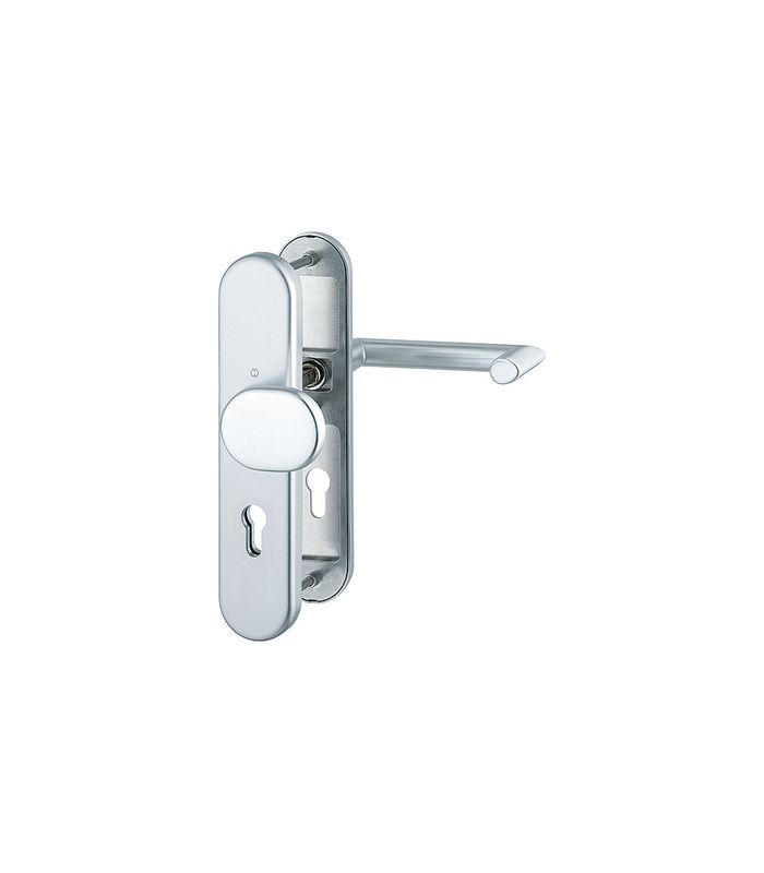 HOPPE Sicherheits-Wechselgarnitur Karlstad FS-86G/3331/3310/1141F, Langschild oval, 12mm, ES 1, ohne Zylinderabdeckung, Profilzylinder gelocht, Entfernung 72mm, Vierkant 9mm, Türstärke 42-47mm, naturfarben eloxiert