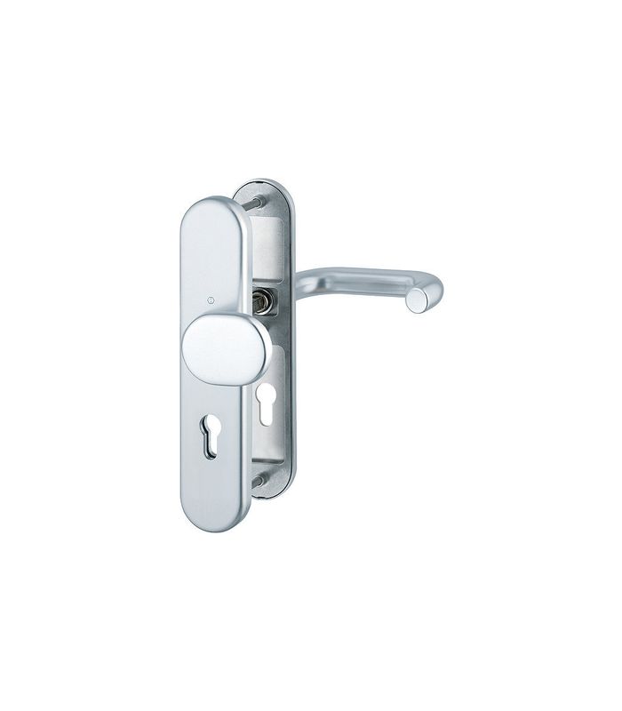 HOPPE Sicherheits-Wechselgarnitur Paris FS-86G/3331/3310/138F, Langschild oval, 12mm, ES 1, ohne Zylinderabdeckung, Profilzylinder gelocht, Entfernung 92mm, Vierkant 9mm, Türstärke 67-72mm, naturfarben eloxiert