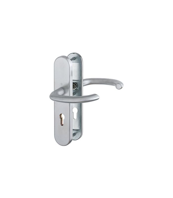HOPPE Sicherheits-Drückergarnitur Marseille FS-E1138F/3331/3310, Langschild oval, 12mm, ES 1, ohne Zylinderabdeckung, Profilzylinder gelocht, Entfernung 72mm, Vierkant 9mm, Türstärke 42-47mm, edelstahl matt