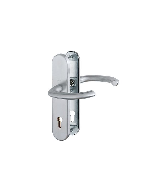 HOPPE Sicherheits-Drückergarnitur Marseille FS-E1138F/3331/3310, Langschild oval, 12mm, ES 1, ohne Zylinderabdeckung, Profilzylinder gelocht, Entfernung 92mm, Vierkant 9mm, Türstärke 67-72mm, edelstahl matt