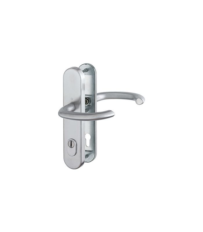 HOPPE Sicherheits-Drückergarnitur Marseille FS-E1138F/3332ZA/3310, Langschild oval, 15mm, ES 1, mit Zylinderabdeckung, Profilzylinder gelocht, Entfernung 92mm, Vierkant 9mm, Türstärke 67-72mm, edelstahl matt