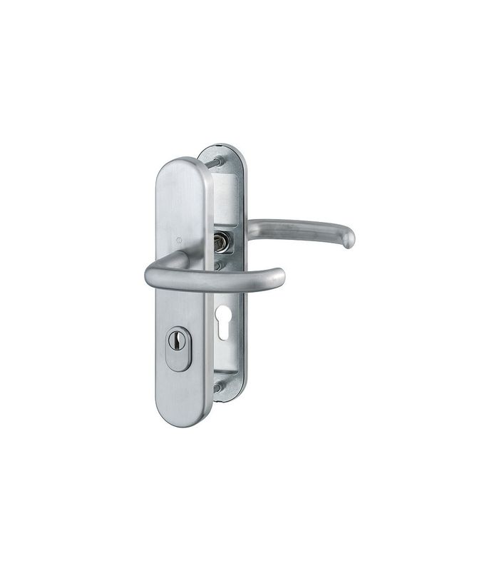 HOPPE Sicherheits-Drückergarnitur San Francisco FS-E1301F/3332ZA/3310, Langschild oval, 15mm, ES 1, mit Zylinderabdeckung, Profilzylinder gelocht, Entfernung 72mm, Vierkant 9mm, Türstärke 42-47mm, edelstahl matt