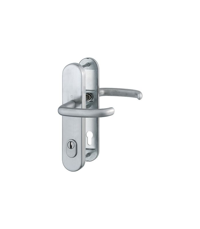 HOPPE Sicherheits-Drückergarnitur San Francisco FS-E1301F/3332ZA/3310, Langschild oval, 15mm, ES 1, mit Zylinderabdeckung, Profilzylinder gelocht, Entfernung 92mm, Vierkant 9mm, Türstärke 67-72mm, edelstahl matt
