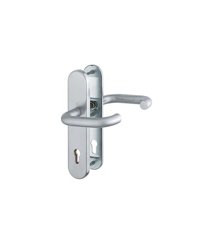 HOPPE Sicherheits-Drückergarnitur Paris FS-E138F/3331/3310, Langschild oval, 12mm, ES 1, ohne Zylinderabdeckung, Profilzylinder gelocht, Entfernung 92mm, Vierkant 9mm, Türstärke 67-72mm, edelstahl matt