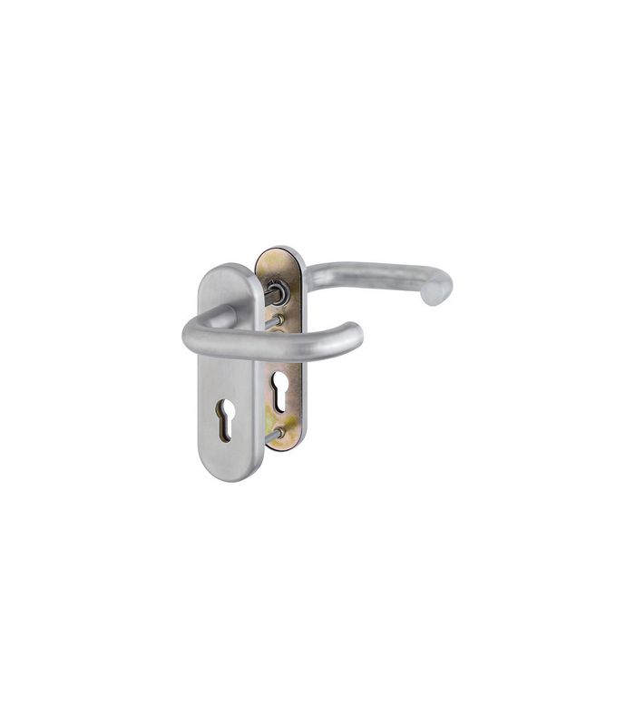 HOPPE Sicherheits-Drückergarnitur Paris FS-E138F/3331K/353K-1, Kurzschild oval, 12mm, ES 1, ohne Zylinderabdeckung, Profilzylinder gelocht, Entfernung 72mm, Vierkant 9mm, Türstärke 42-47mm, edelstahl matt