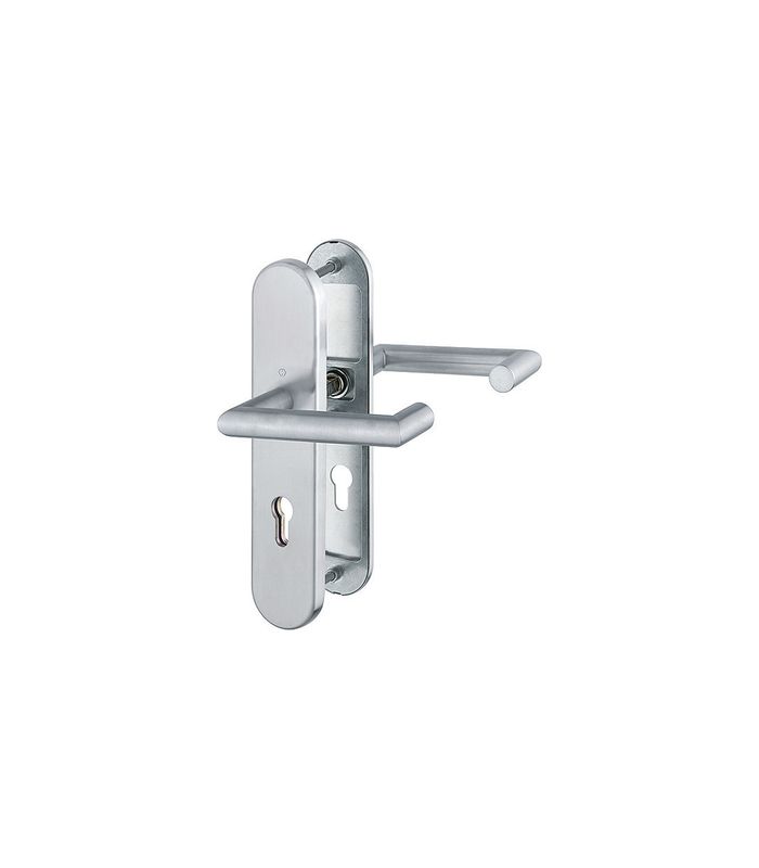 HOPPE Sicherheits-Drückergarnitur Rotterdam FS-E1401F/3331/3310, Langschild oval, 12mm, ES 1, ohne Zylinderabdeckung, Profilzylinder gelocht, Entfernung 72mm, Vierkant 9mm, Türstärke 42-47mm, edelstahl matt