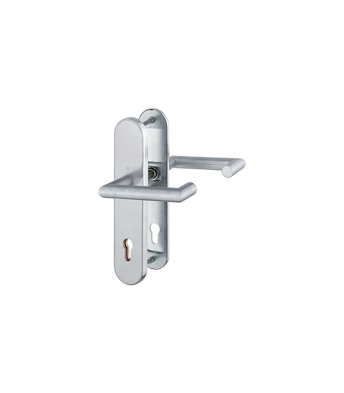 HOPPE Sicherheits-Drückergarnitur Rotterdam FS-E1401F/3331/3310, Langschild oval, 12mm, ES 1, ohne Zylinderabdeckung, Profilzylinder gelocht, Entfernung 92mm, Vierkant 9mm, Türstärke 67-72mm, edelstahl matt