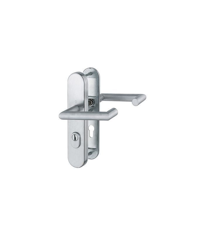 HOPPE Sicherheits-Drückergarnitur Rotterdam FS-E1401F/3332ZA/3310, Langschild oval, 15mm, ES 1, mit Zylinderabdeckung, Profilzylinder gelocht, Entfernung 72mm, Vierkant 9mm, Türstärke 42-47mm, edelstahl matt