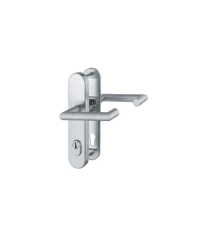 HOPPE Sicherheits-Drückergarnitur Rotterdam FS-E1401F/3332ZA/3310, Langschild oval, 15mm, ES 1, mit Zylinderabdeckung, Profilzylinder gelocht, Entfernung 92mm, Vierkant 9mm, Türstärke 67-72mm, edelstahl matt