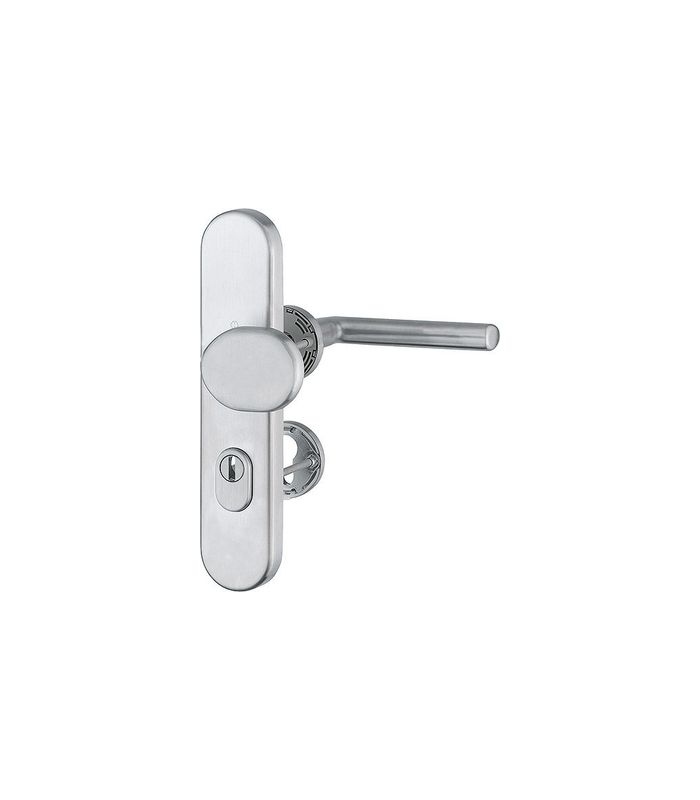 HOPPE Kombi-Schutzgarnitur Stockholm FS-E86G/3332ZA/42H/42HS/1140, Langschild/Rosette, ES 1, mit Zylinderabdeckung, Profilzylinder gelocht, Entfernung 72mm, Vierkant 9mm, TS 42 - 47mm, grau, edelstahl matt, Schildstärke 15mm