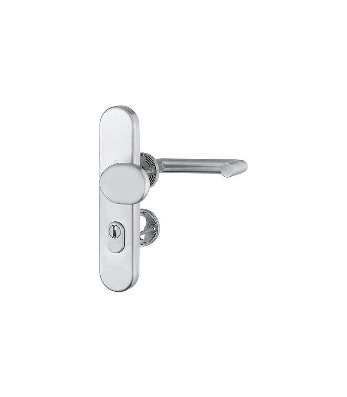 HOPPE Kombi-Schutzgarnitur Rotterdam FS-E86G/3332ZA/42H/42HS/1401, Langschild/Rosette, ES 1, mit Zylinderabdeckung, Profilzylinder gelocht, Entfernung 72mm, Vierkant 9mm, TS 42 - 47mm, grau, edelstahl matt, Schildstärke 15mm