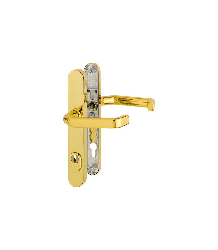 HOPPE Sicherheits-Drückergarnitur Liverpool M1313G/3359ZA/3357N, Langschild oval, 15mm, ES 1, mit Zylinderabdeckung, Profilzylinder gelocht, Entfernung 92mm, Vierkant 8mm, Türstärke 67-72mm, messingfarben poliert-Resista®