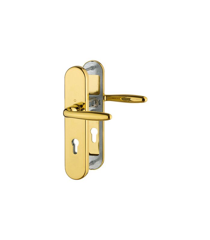 HOPPE Sicherheits-Drückergarnitur Verona M151/3331/3310, Langschild oval, 12mm, ES 1, ohne Zylinderabdeckung, Profilzylinder gelocht, Entfernung 72mm, Vierkant 8mm, Türstärke 42-47mm, messingfarben poliert-Resista®