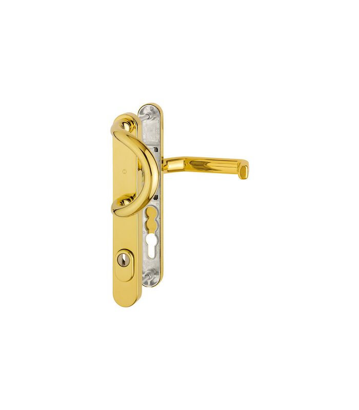 HOPPE Sicherheits-Wechselgarnitur Liverpool M551G/3359ZA/3357N/1313G, Langschild oval, 15mm, ES 1, mit Zylinderabdeckung, Profilzylinder gelocht, Entfernung 92mm, Vierkant 8mm, Türstärke 67-72mm, messingfarben poliert-Resista®