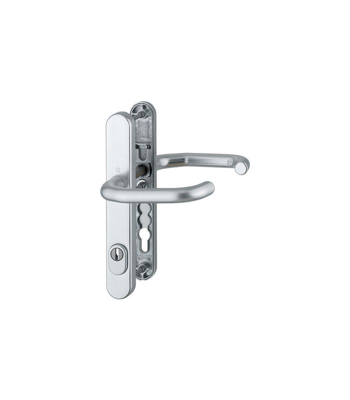 HOPPE Sicherheits-Drückergarnitur Paris RD-138GF/3359ZA/3357N, Langschild oval, 15mm, ES 1, mit Zylinderabdeckung, Profilzylinder gelocht, Entfernung 92mm, Vierkant 9mm, Türstärke 67-72mm, naturfarben eloxiert