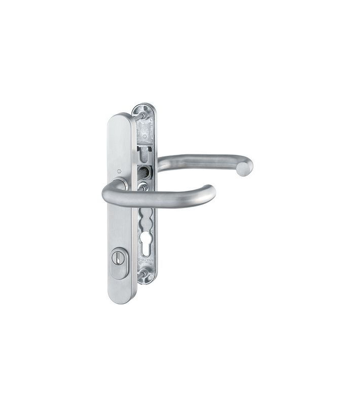 HOPPE Sicherheits-Drückergarnitur Paris RD-E138GF/3359ZA/3357N, Langschild oval, 15mm, ES 1, mit Zylinderabdeckung, Profilzylinder gelocht, Entfernung 92mm, Vierkant 9mm, Türstärke 67-72mm, edelstahl matt