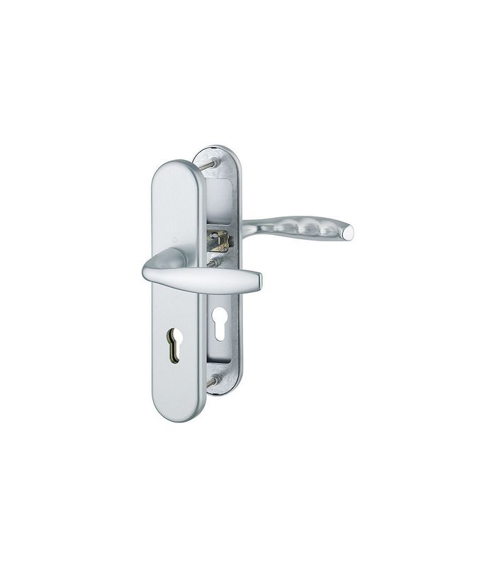 HOPPE Sicherheits-Drückergarnitur New York 1810H/3331/3410, Langschild oval, 12mm, ES 1, ohne Zylinderabdeckung, Profilzylinder gelocht, Entfernung 72mm, Vierkant 8mm, Türstärke 41-46mm, naturfarben eloxiert
