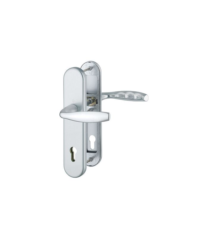 HOPPE Sicherheits-Drückergarnitur New York 1810H/3331/3410, Langschild oval, 12mm, ES 1, ohne Zylinderabdeckung, Profilzylinder gelocht, Entfernung 92mm, Vierkant 10mm, Türstärke 61-71mm, naturfarben eloxiert