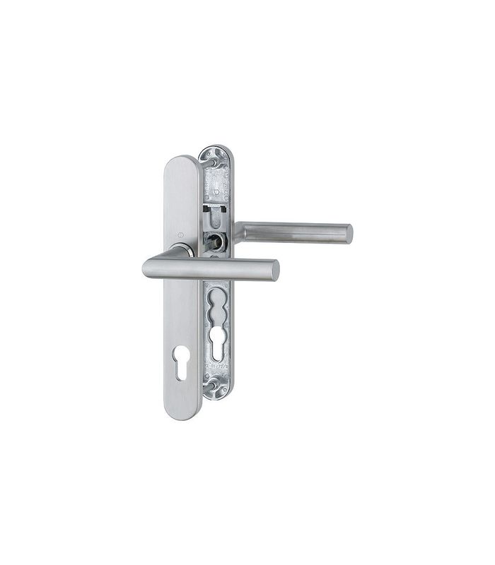 HOPPE Drückergarnitur Amsterdam E1400F/3357N, Langschild, oval, Profilzylinder gelocht, Entfernung 92mm, Vierkant 8mm, Türstärke 67 - 72mm, Befestigungstechnik mit Stütznocken, grau, edelstahl matt
