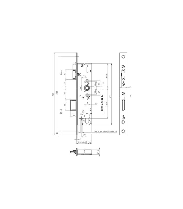 PA-Einsteckschloss B-18260 PZW92/9,D29,U24x6x270ktg,ER,Panikausführung E
