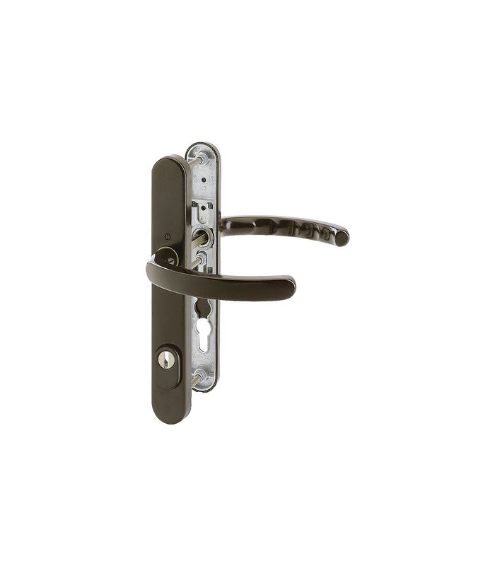 HOPPE Sicherheits-Drückergarnitur Luxembourg 1500/3359ZA/3357N, Langschild oval, 15mm, ES 1, mit Zylinderabdeckung, Profilzylinder gelocht, Entfernung 92mm, Vierkant 8mm, Türstärke 67-72mm, dunkelbraun seidenglänzend beschichtet