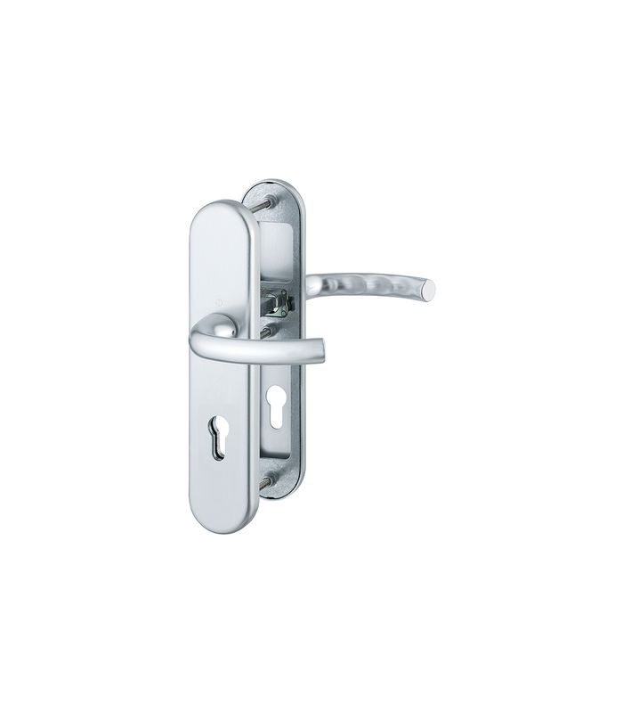 HOPPE Sicherheits-Drückergarnitur Tôkyô 1710/3331/3410, Langschild oval, 12mm, ES 1, ohne Zylinderabdeckung, Profilzylinder gelocht, Entfernung 72mm, Vierkant 8mm, Türstärke 41-46mm, naturfarben eloxiert