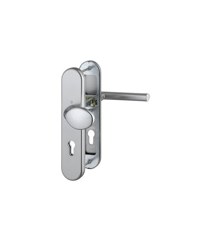 HOPPE Sicherheits-Wechselgarnitur Stockholm 76G/3331/3410/1140, Langschild oval, 12mm, ES 1, ohne Zylinderabdeckung, Profilzylinder gelocht, Entfernung 72mm, Vierkant 8mm, Türstärke 41-46mm, stahlfarbig eloxiert