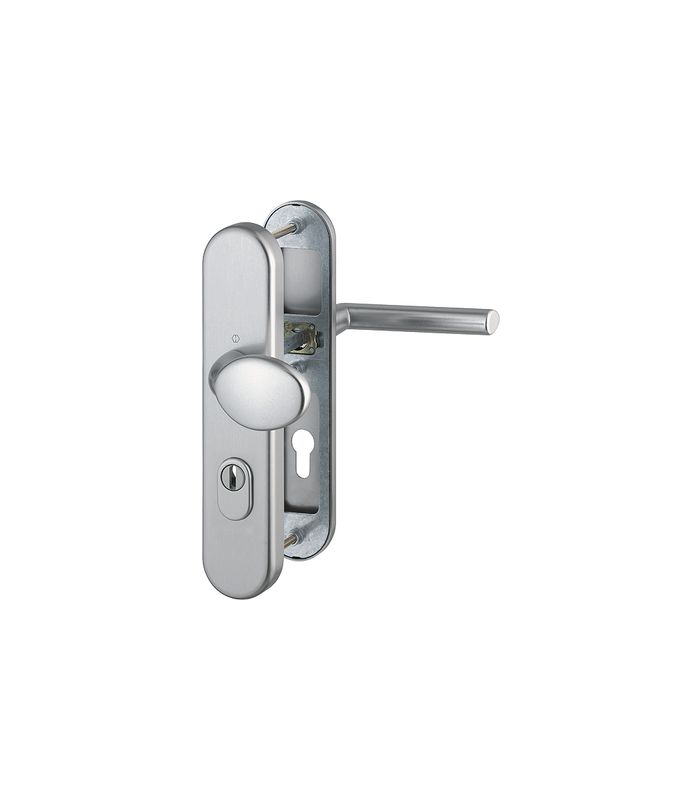 HOPPE Sicherheits-Wechselgarnitur Stockholm 76G/3332ZA/3410/1140, Langschild oval, 15mm, ES 1, mit Zylinderabdeckung, Profilzylinder gelocht, Entfernung 72mm, Vierkant 8mm, Türstärke 41-46mm, stahlfarbig eloxiert