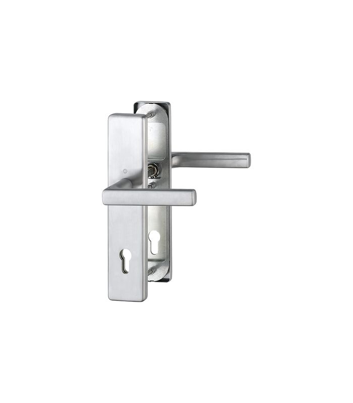 HOPPE Sicherheits-Drückergarnitur Dallas FS-E1643F/2221/2210, Langschild eckig, 12mm, ES 1, ohne Zylinderabdeckung, Profilzylinder gelocht, Entfernung 92mm, Vierkant 9mm, Türstärke 67-72mm, edelstahl matt