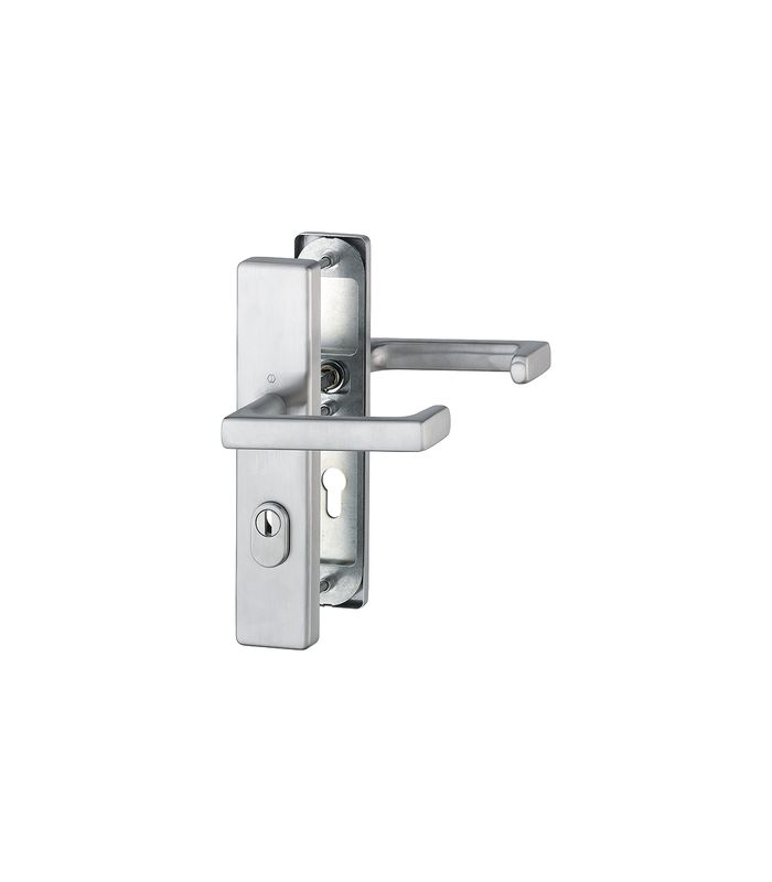 HOPPE Sicherheits-Drückergarnitur Detroit FS-E1644F/2222ZA/2210, Langschild eckig, 15mm, ES 1, mit Zylinderabdeckung, Profilzylinder gelocht, Entfernung 72mm, Vierkant 9mm, Türstärke 42-47mm, edelstahl matt