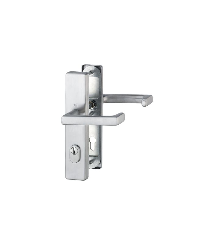 HOPPE Sicherheits-Drückergarnitur Detroit FS-E1644F/2222ZA/2210, Langschild eckig, 15mm, ES 1, mit Zylinderabdeckung, Profilzylinder gelocht, Entfernung 92mm, Vierkant 9mm, Türstärke 67-72mm, edelstahl matt