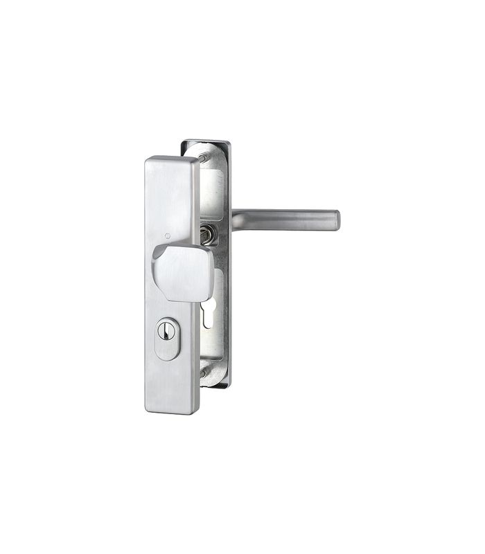 HOPPE Sicherheits-Wechselgarnitur Dallas FS-E61G/2222ZA/2210/1643F, Langschild eckig, 15mm, ES 1, mit Zylinderabdeckung, Profilzylinder gelocht, Entfernung 72mm, Vierkant 9mm, Türstärke 42-47mm, edelstahl matt