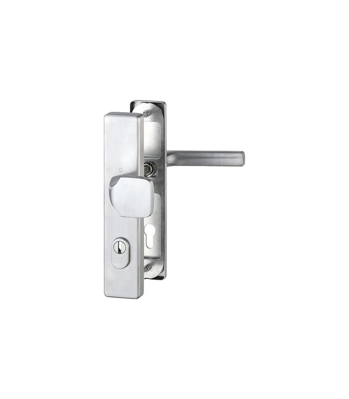 HOPPE Sicherheits-Wechselgarnitur Dallas FS-E61G/2222ZA/2210/1643F, Langschild eckig, 15mm, ES 1, mit Zylinderabdeckung, Profilzylinder gelocht, Entfernung 92mm, Vierkant 9mm, Türstärke 67-72mm, edelstahl matt