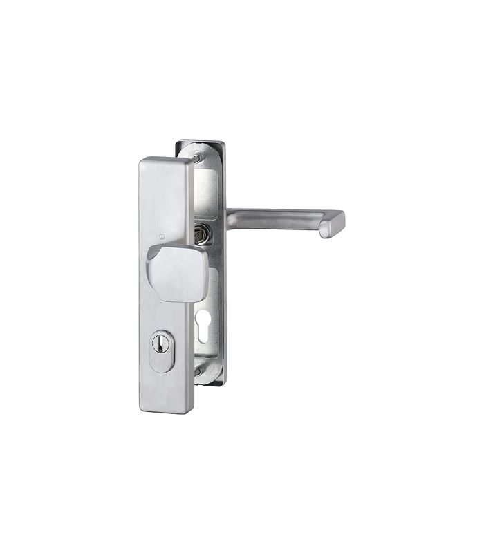 HOPPE Sicherheits-Wechselgarnitur Detroit FS-E61G/2222ZA/2210/1644, Langschild eckig, 15mm, ES 1, mit Zylinderabdeckung, Profilzylinder gelocht, Entfernung 92mm, Vierkant 9mm, Türstärke 67-72mm, edelstahl matt