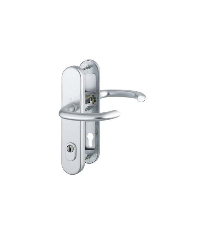 HOPPE Sicherheits-Drückergarnitur Marseille 1138/3332ZA/3410, Langschild oval, 15mm, ES 1, mit Zylinderabdeckung, Profilzylinder gelocht, Entfernung 92mm, Vierkant 10mm, Türstärke 66-71mm, naturfarben eloxiert